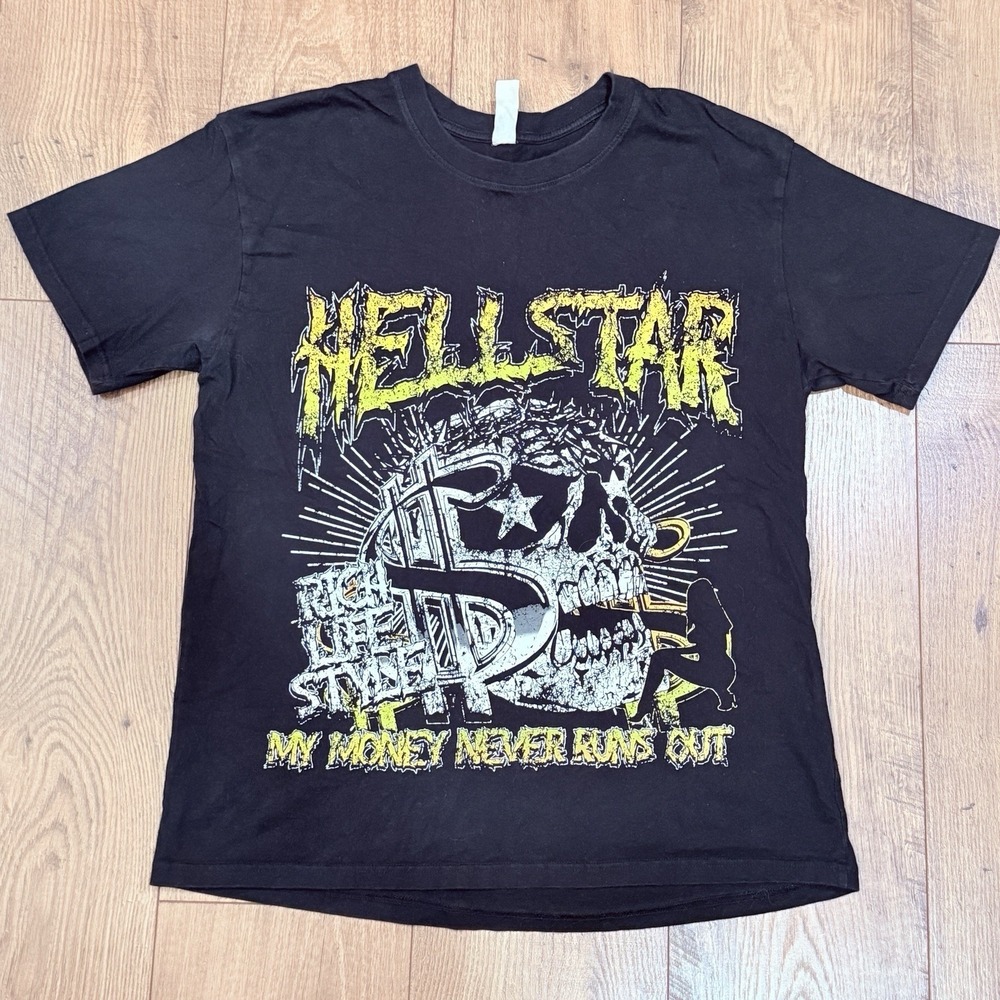Hellstar Tee T-Shirt Men's Black Graphic T RARE My Money Never Runs Out Rich